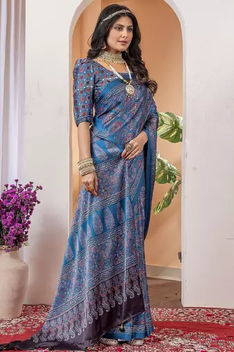 Blue floral ajrak poly crepe block print saree