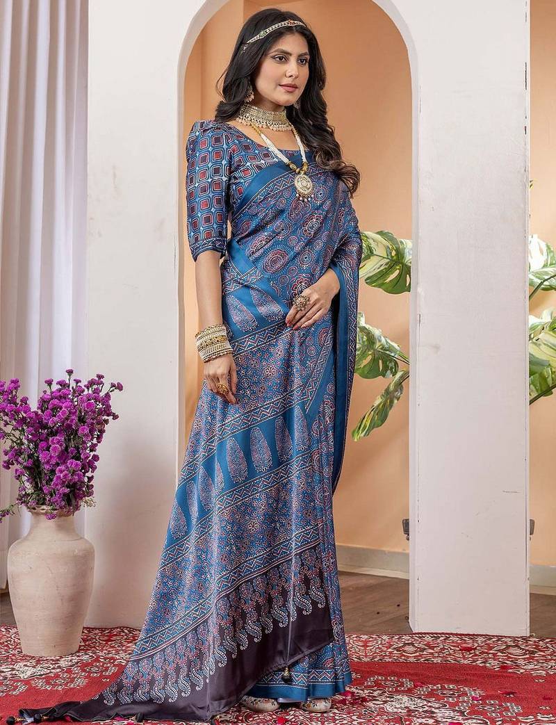 Blue floral ajrak poly crepe block print saree
