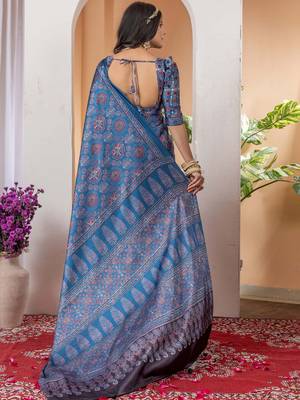 Blue floral ajrak poly crepe block print saree 3