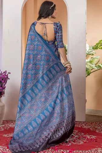 Blue floral ajrak poly crepe block print saree