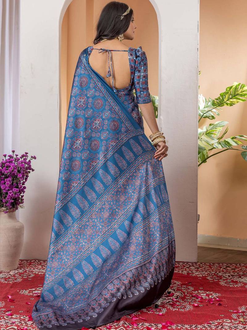 Blue floral ajrak poly crepe block print saree