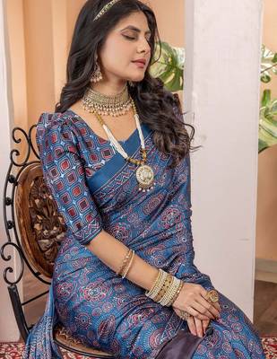 Blue floral ajrak poly crepe block print saree 4