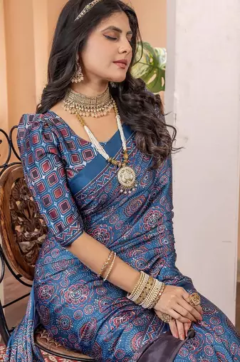 Blue floral ajrak poly crepe block print saree