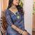 Blue floral ajrak poly crepe block print saree
