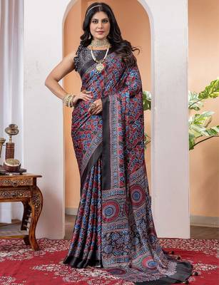 Black poly crepe block print saree 1