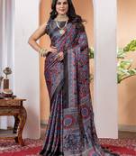 Black poly crepe block print saree