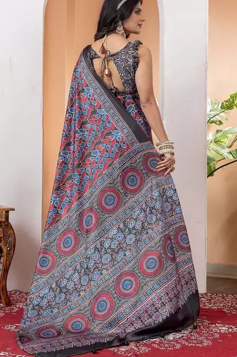 Black poly crepe block print saree