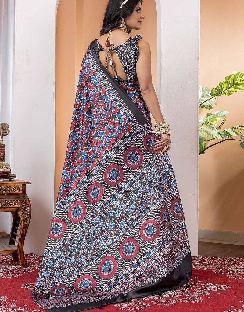 Black poly crepe block print saree