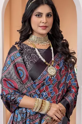 Black poly crepe block print saree