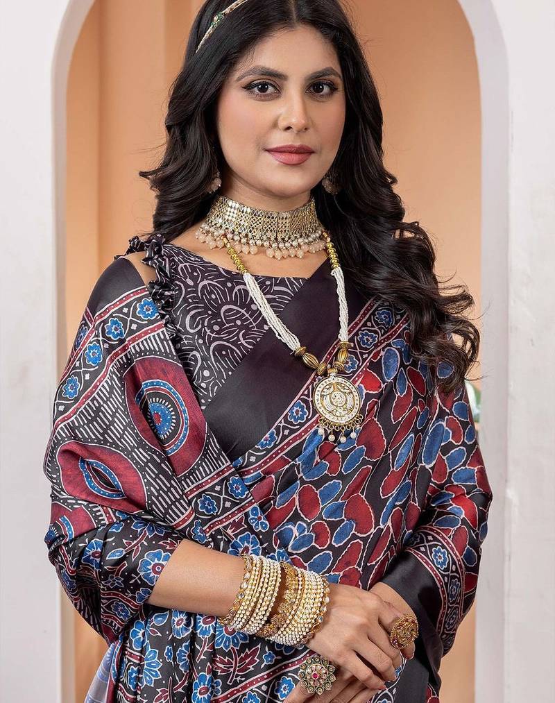 Black poly crepe block print saree
