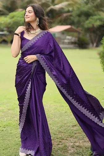 Purple embellished beads and stones satin saree