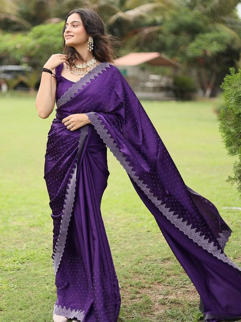 Purple embellished beads and stones satin saree
