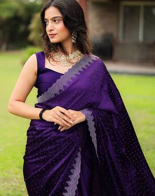 Purple embellished beads and stones satin saree 2