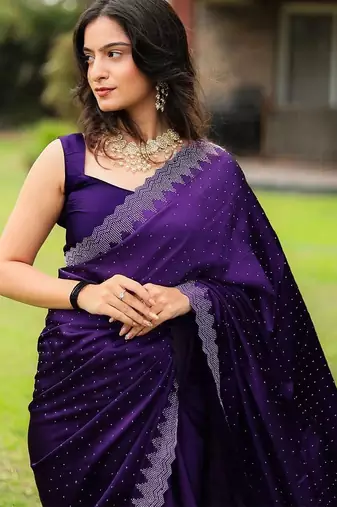 Purple embellished beads and stones satin saree