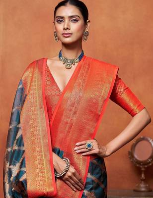 Teal woven design zari banarasi saree 1