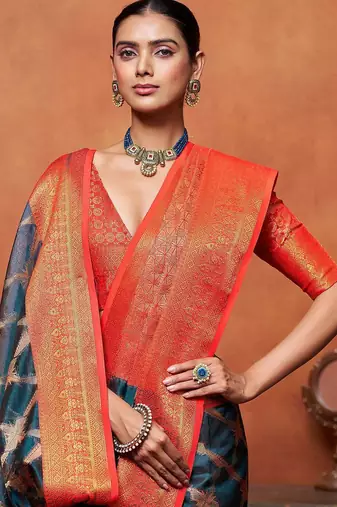 Teal woven design zari banarasi saree
