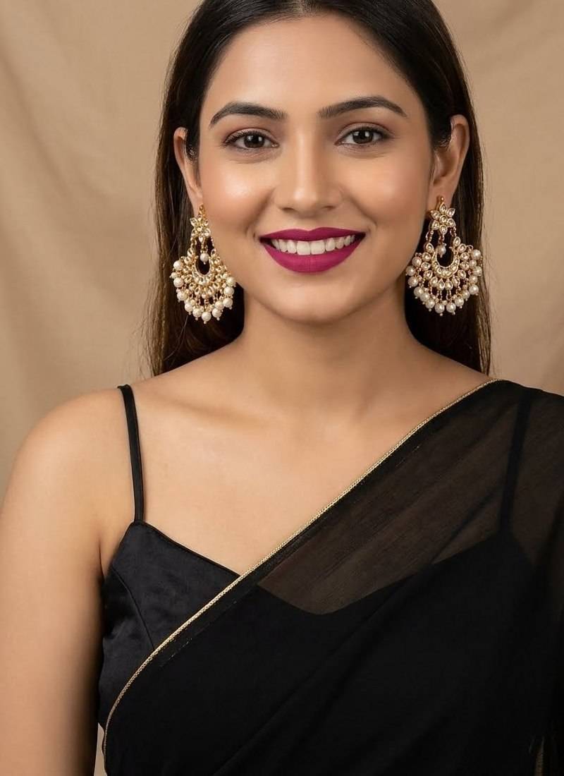White pearl kundan festive earrings