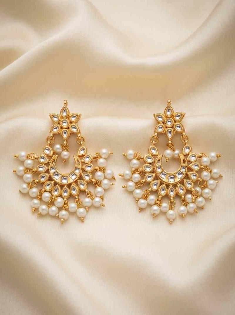 White pearl kundan festive earrings