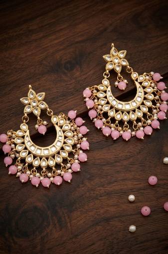 Light pink kundan semi bridal chandbali earrings