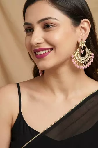 Light pink kundan semi bridal chandbali earrings