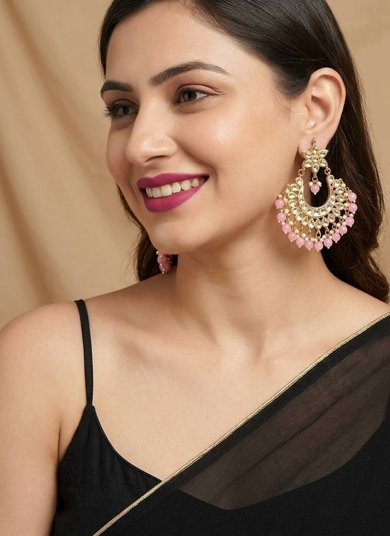Light pink kundan semi bridal chandbali earrings