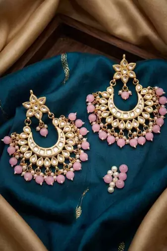 Light pink kundan semi bridal chandbali earrings
