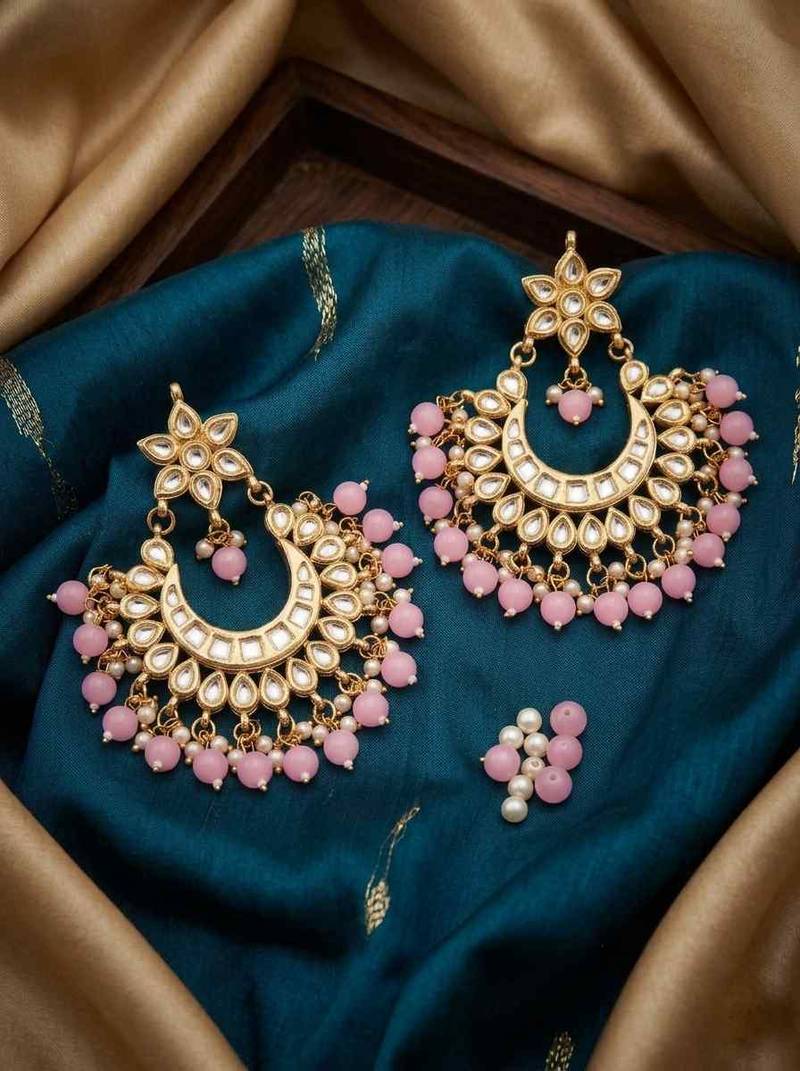 Light pink kundan semi bridal chandbali earrings
