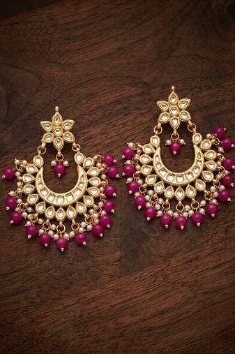 Hot pink kundan chandbali earrings