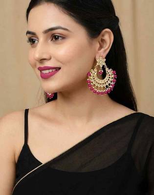 Hot pink kundan chandbali earrings 2