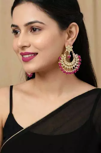 Hot pink kundan chandbali earrings