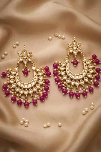 Hot pink kundan chandbali earrings