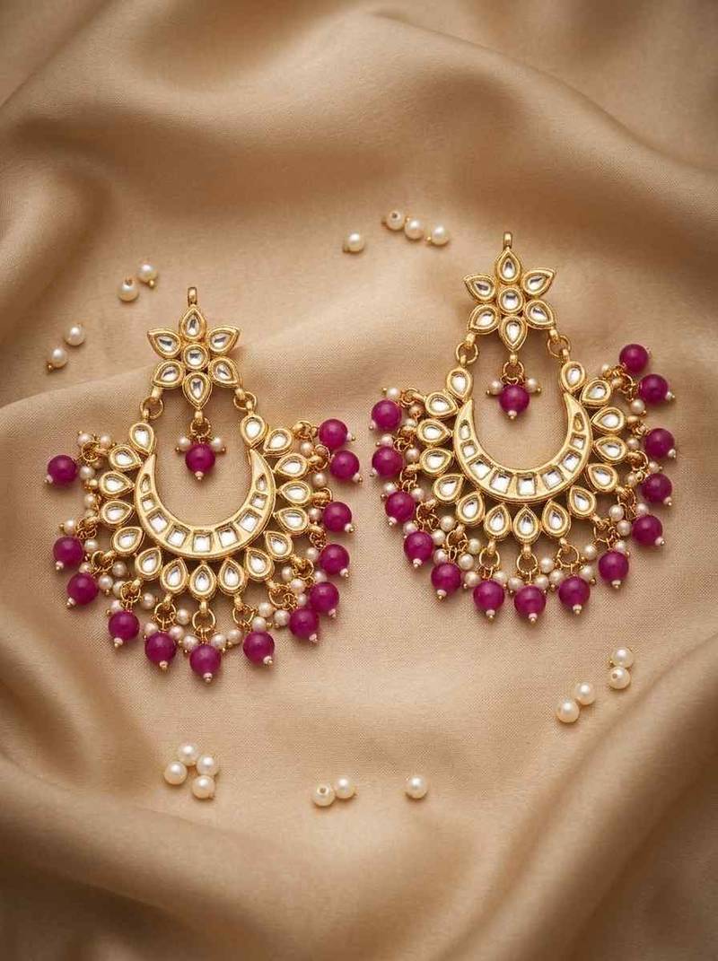 Hot pink kundan chandbali earrings