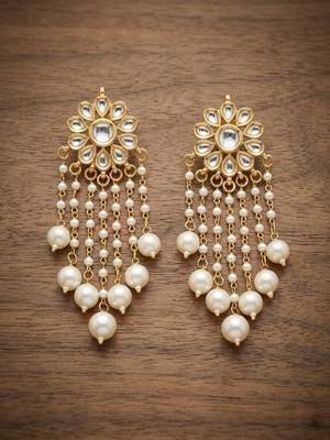 White pearl kundan tassle earrings 1