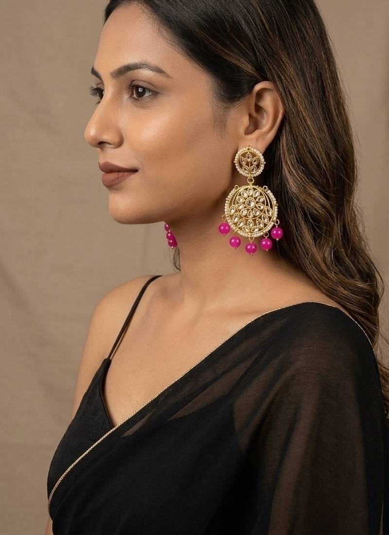 Hot pink kundan earrings