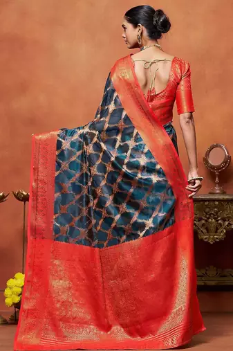 Teal woven design zari banarasi saree
