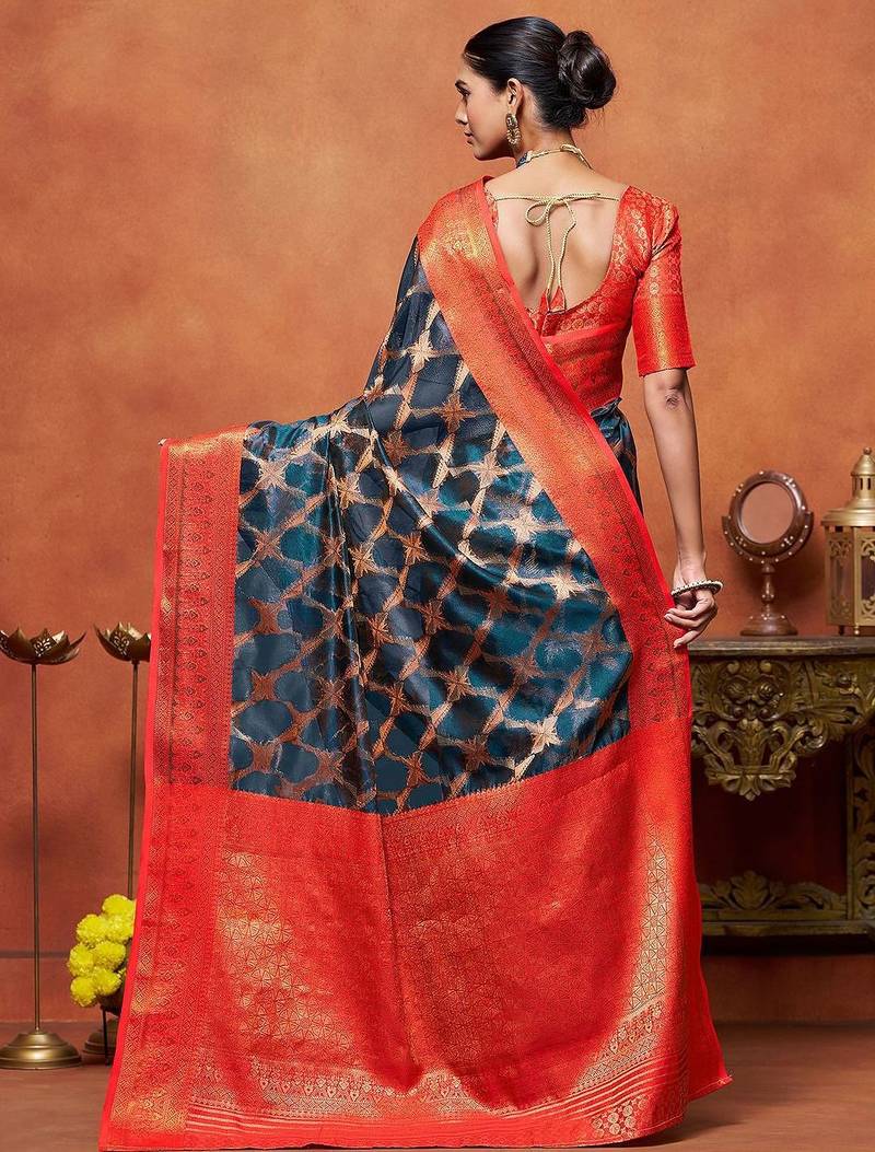 Teal woven design zari banarasi saree