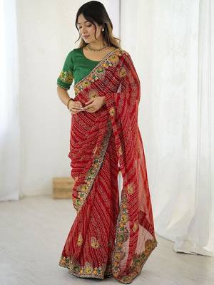Red bandhani embroidered pure georgette saree 1