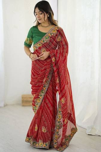 Red bandhani embroidered pure georgette saree