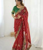 Red bandhani embroidered pure georgette saree