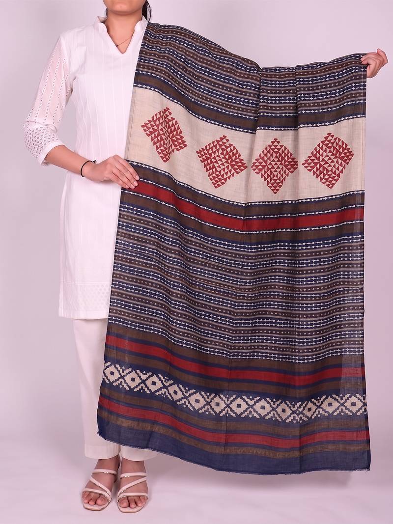 Women's blue cotton blend geometric printed dupatta | stylish ethnic wear scarf for women | traditional & festive wear