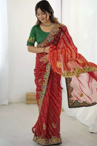 Red bandhani embroidered pure georgette saree