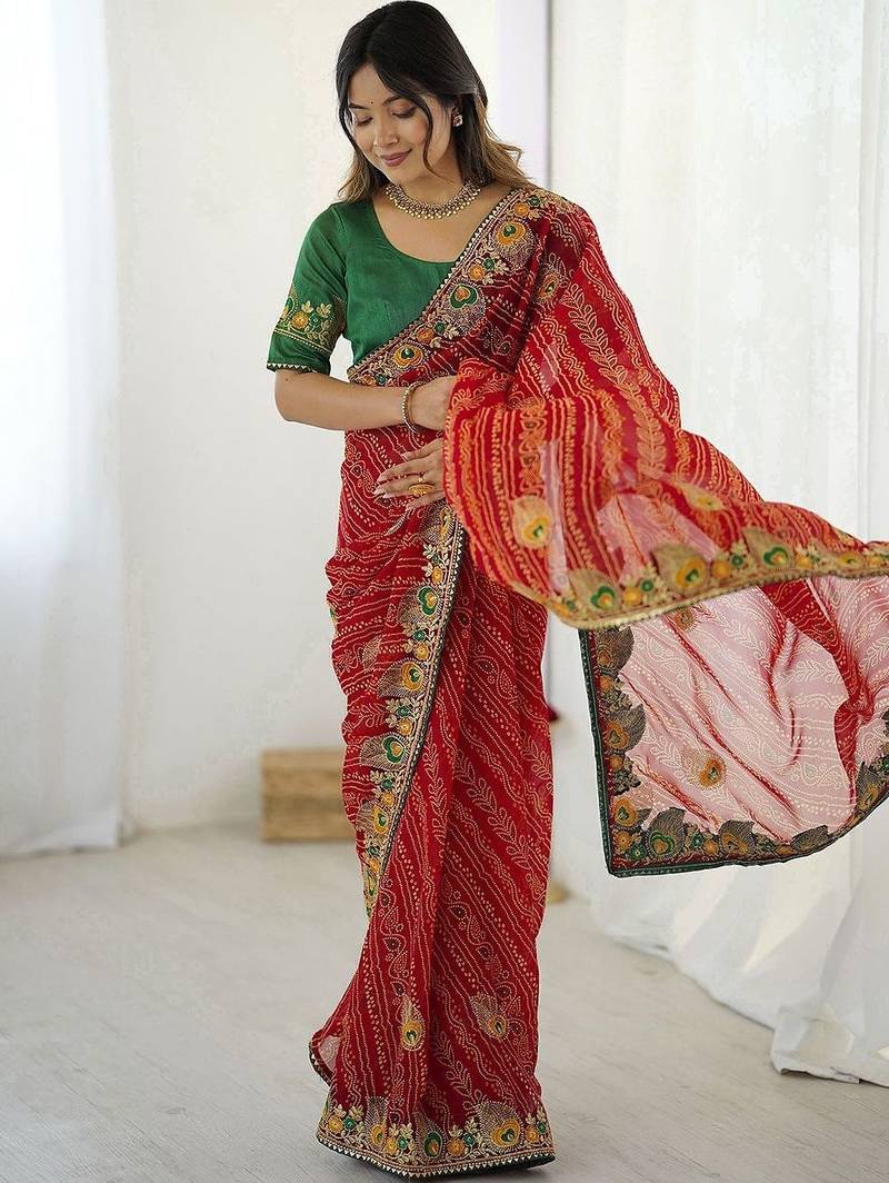 Red bandhani embroidered pure georgette saree