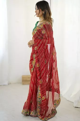 Red bandhani embroidered pure georgette saree