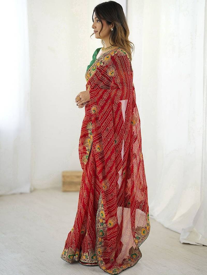 Red bandhani embroidered pure georgette saree