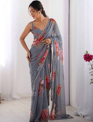 Grey floral printed beads and stones saree with blouse 1