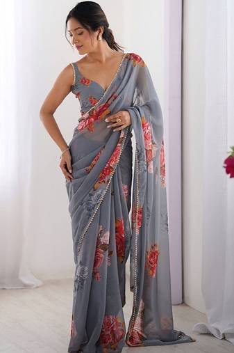 Grey floral printed beads and stones saree with blouse
