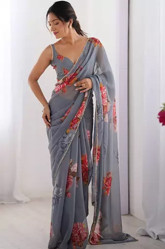 Grey floral printed beads and stones saree with blouse