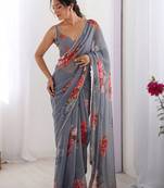 Grey floral printed beads and stones saree with blouse
