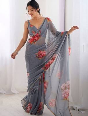 Grey floral printed beads and stones saree with blouse 2