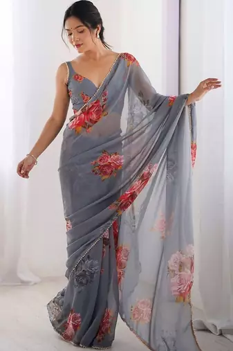 Grey floral printed beads and stones saree with blouse